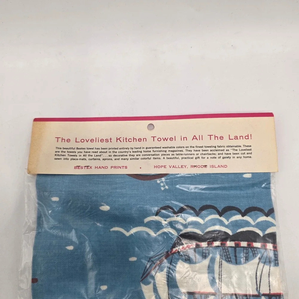 Kitchen Towel Vintage Nautical Sailing Ship Blue Mid Century Coastal Decor